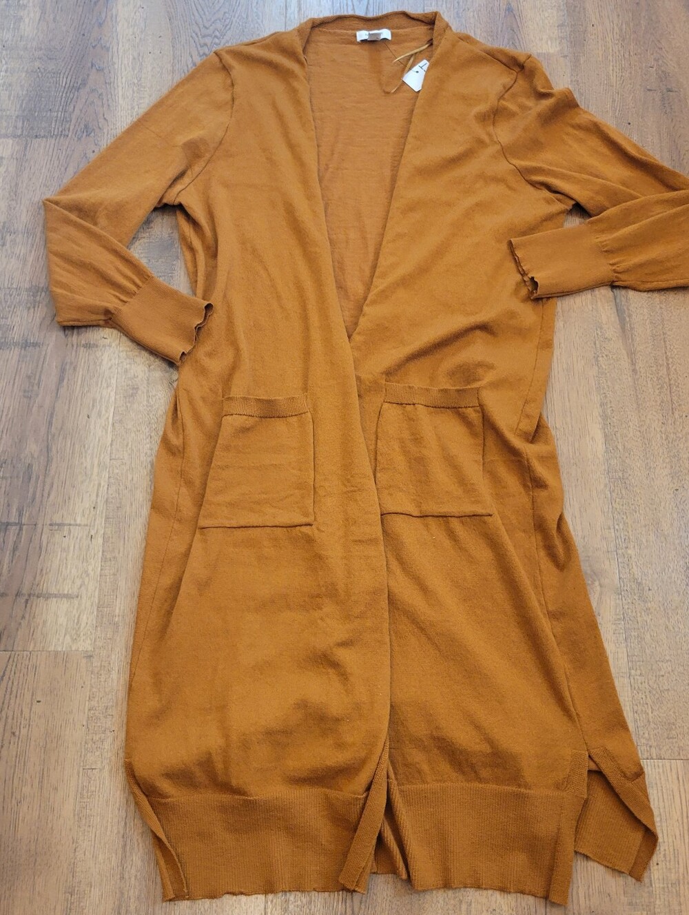 Long Open-Front Knit Cardigan in Rust